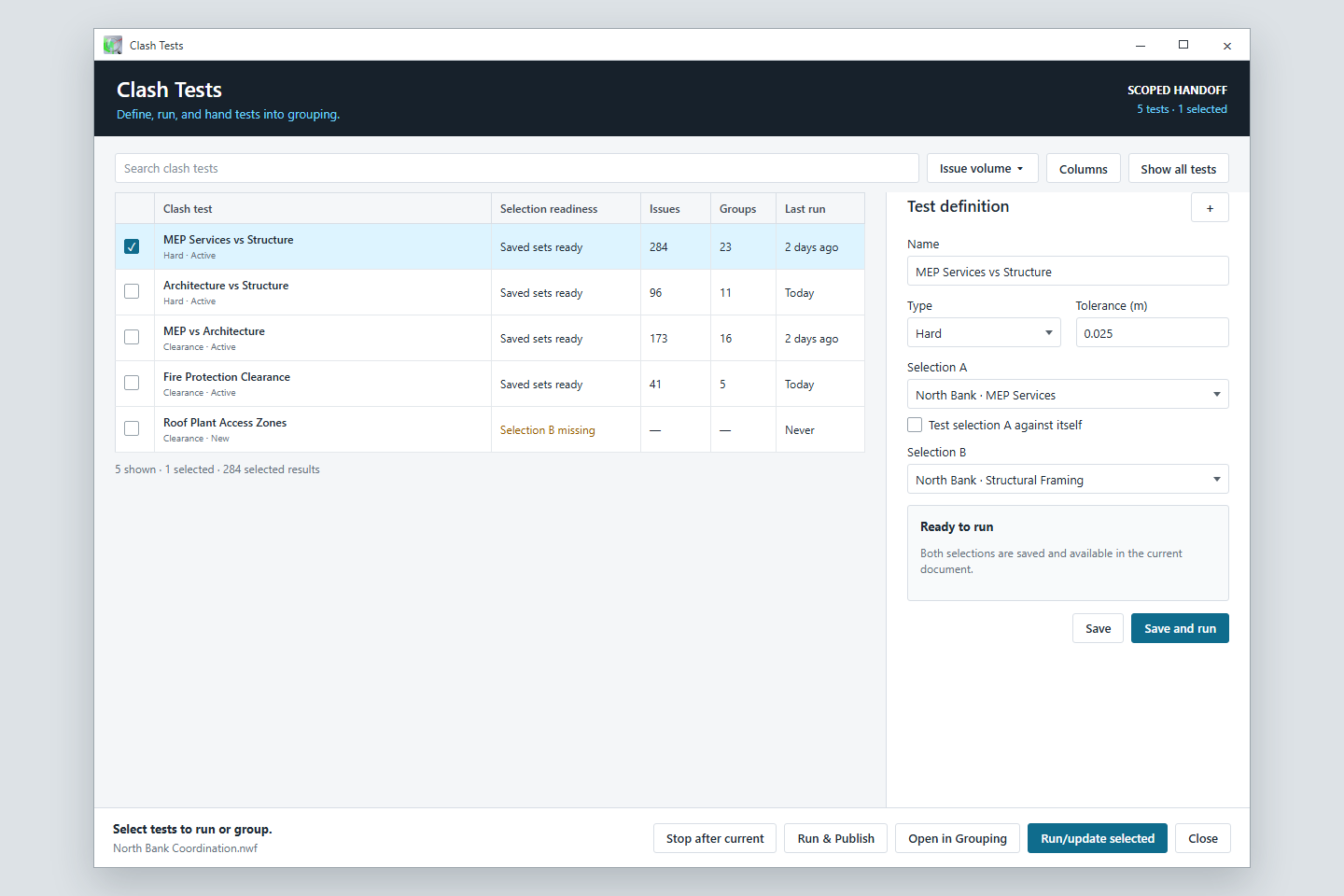 Illustrated Clash Tests worklist with selection readiness, issue volume and test settings