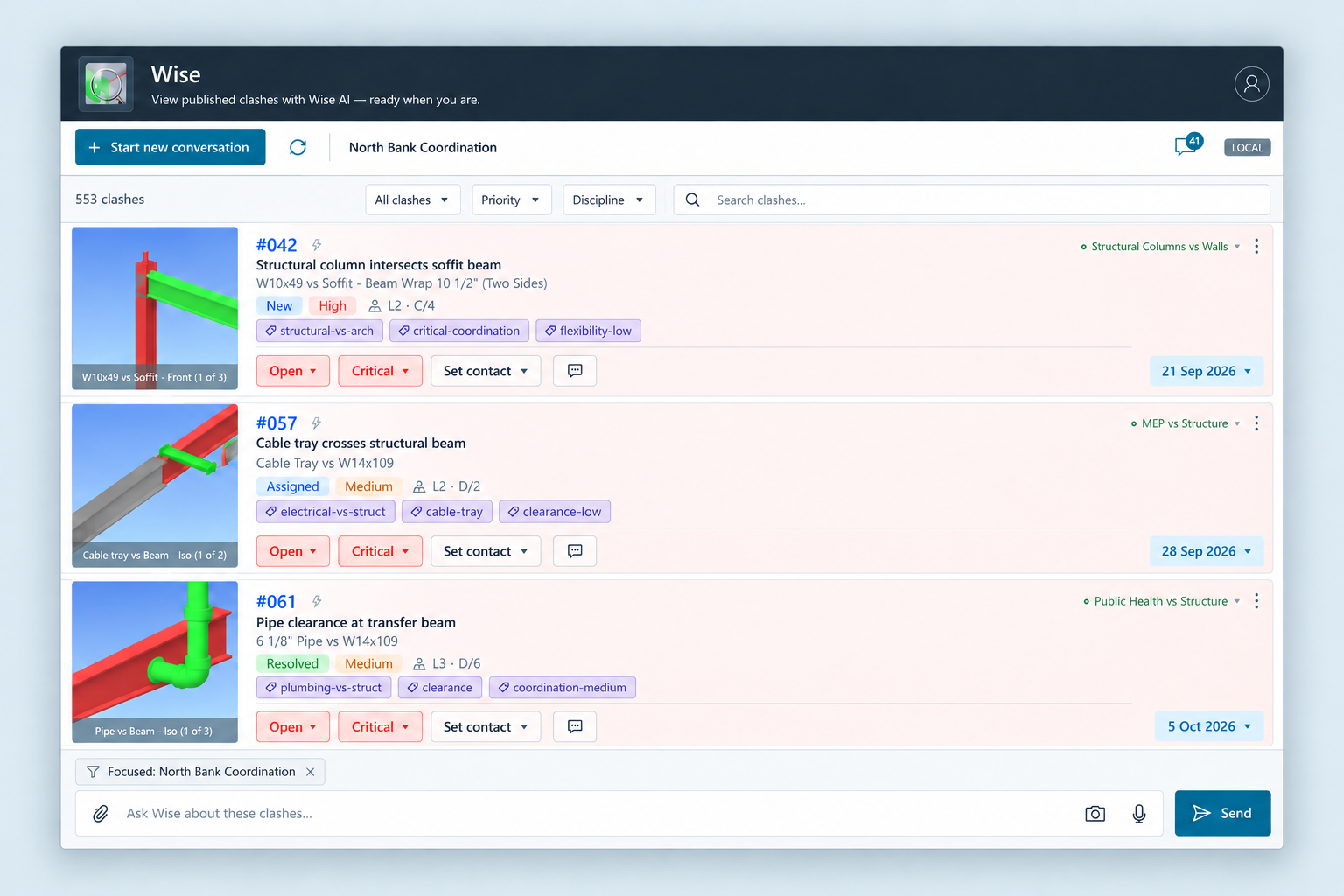 Illustrated Clash Workspace showing a published worklist beside the Navisworks model and Wise composer