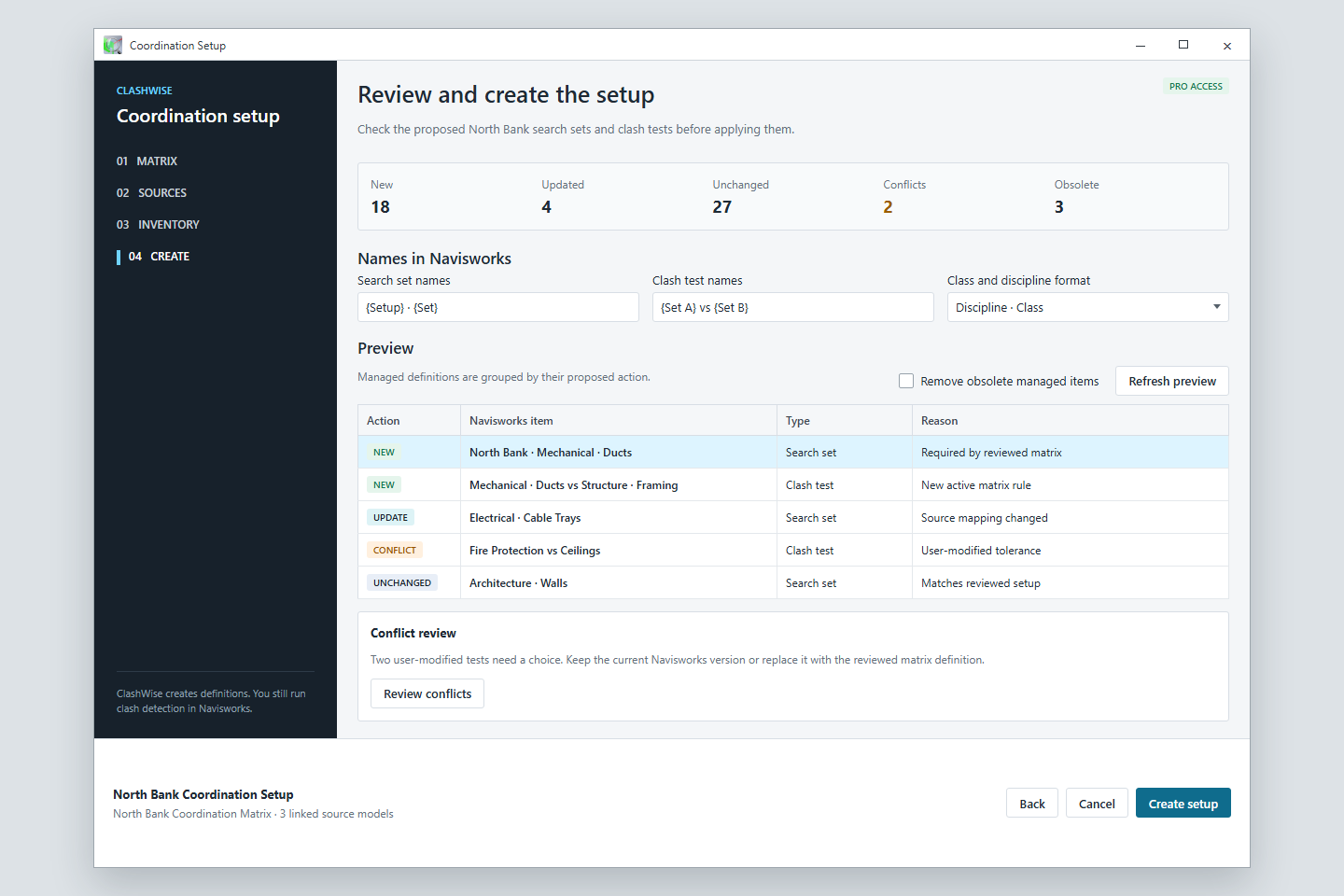 Illustrated Coordination Setup preview showing new, updated and conflicting definitions