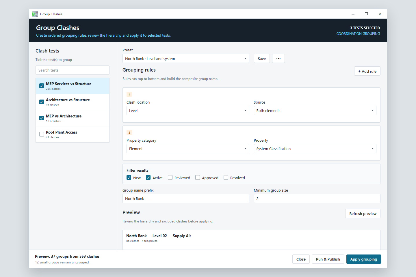 Illustrated Group Clashes window with ordered grouping rules and hierarchy preview