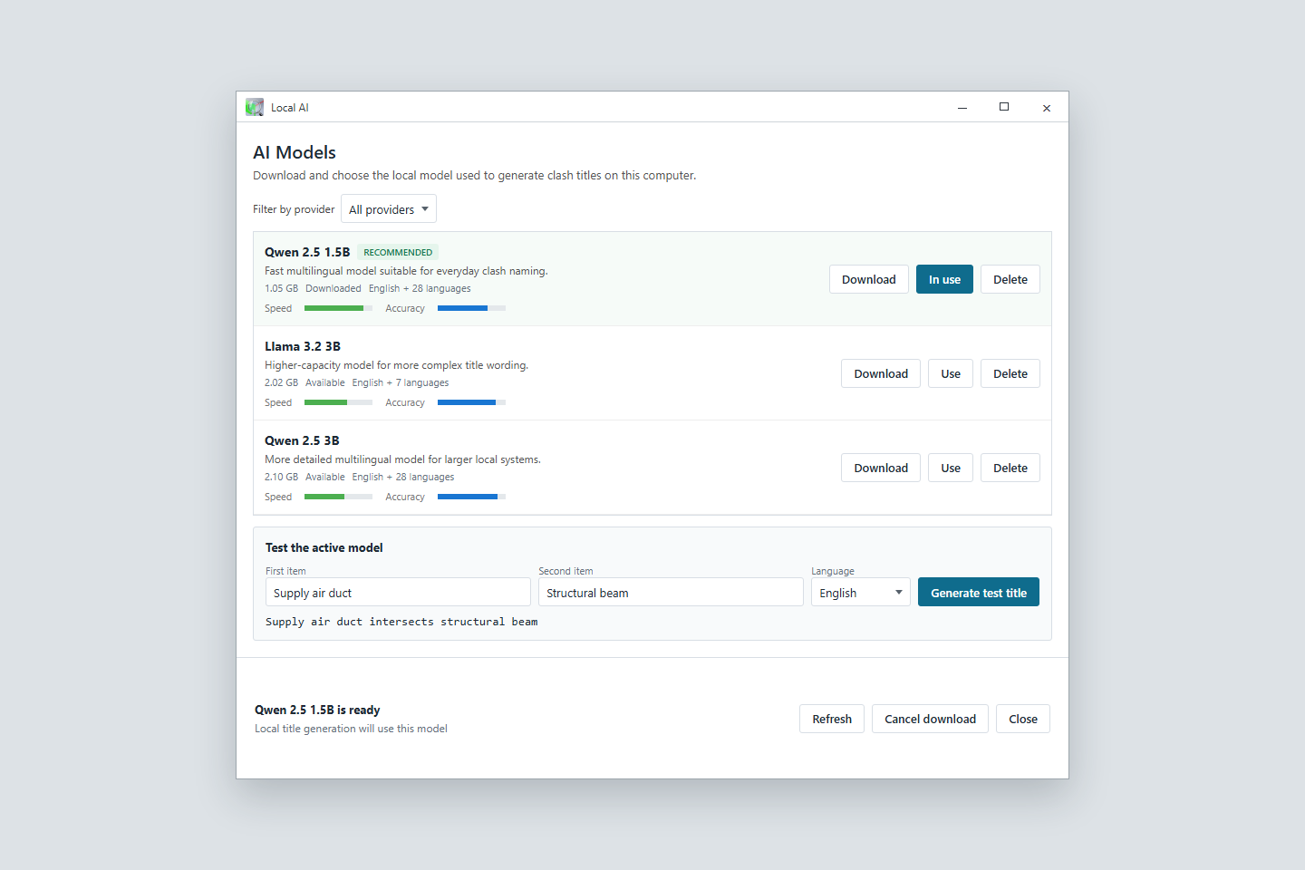 Illustrated Local AI window showing downloaded on-device naming models
