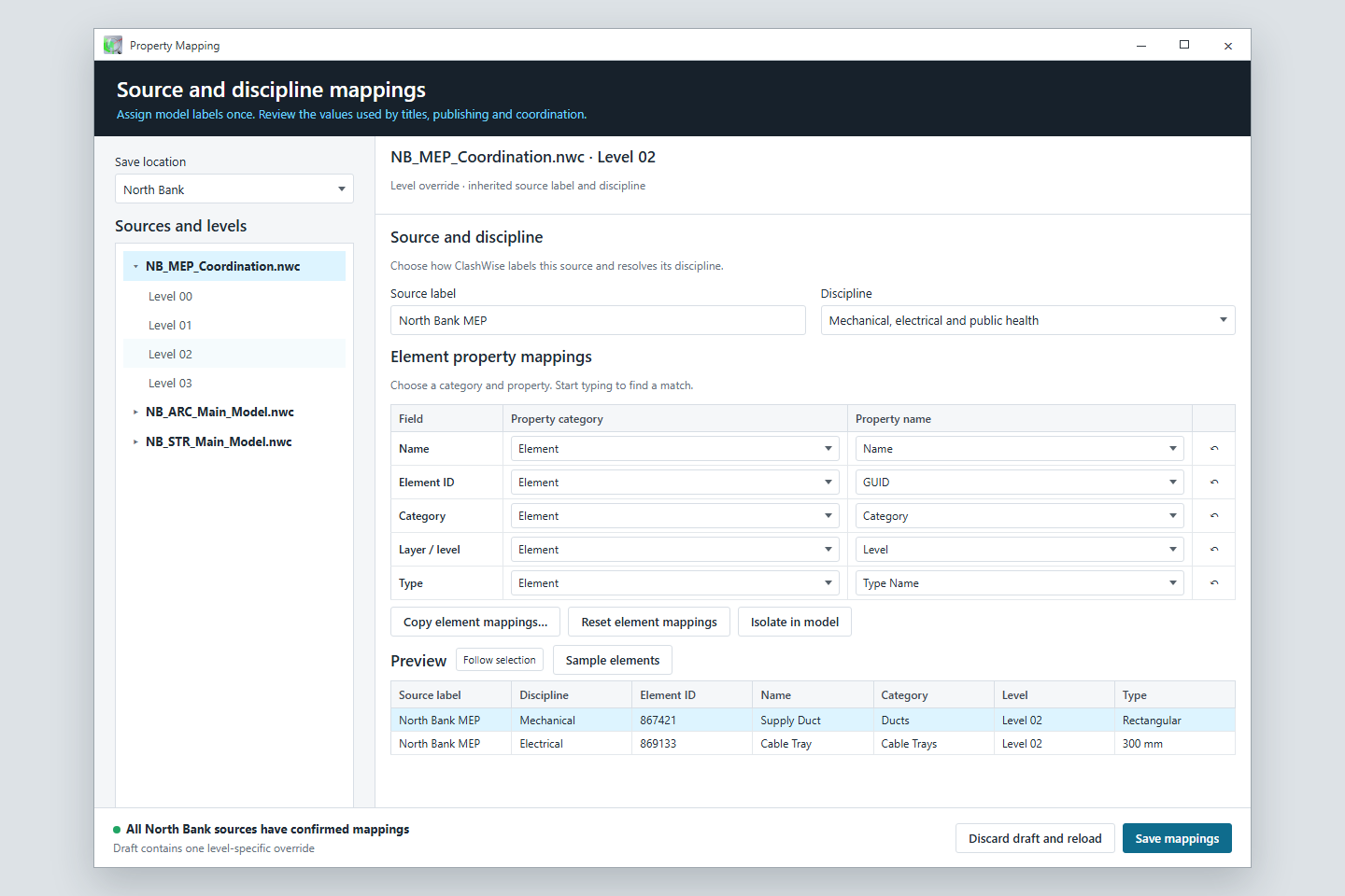 Illustrated Property Mapping window with source and discipline mappings