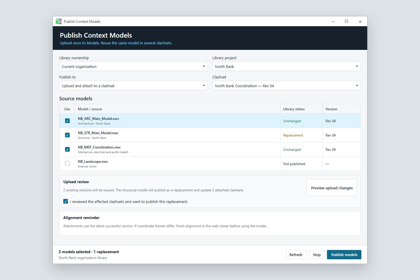 Illustrated Publish Context Models window showing reusable model versions and replacements