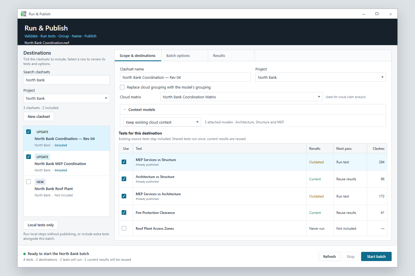 Illustrated Run and Publish window showing destinations and clash tests for a coordination batch