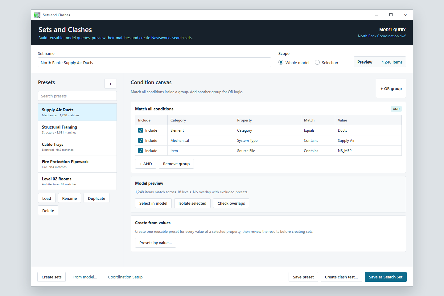 Illustrated Sets and Clashes window with property conditions and matching elements