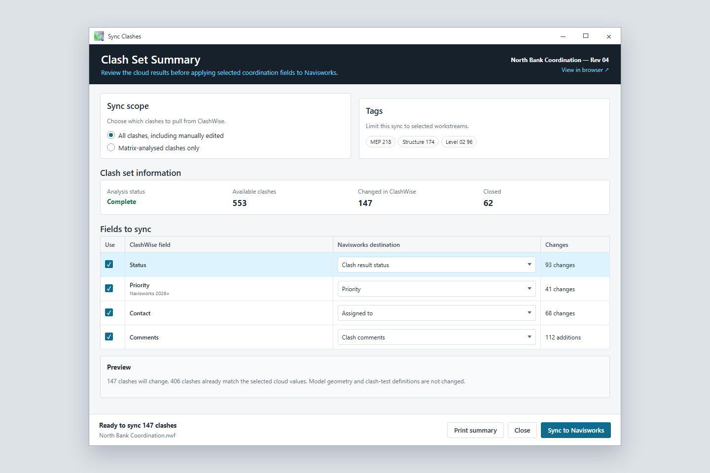Illustrated Sync Clashes summary with status, priority, contact and comment mappings