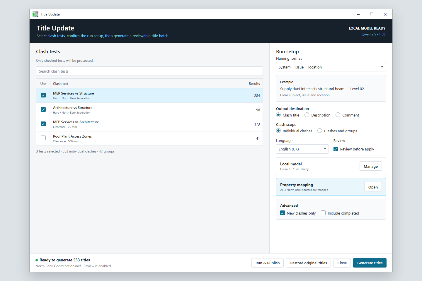 Illustrated Title Update window with test selection, naming settings and review controls