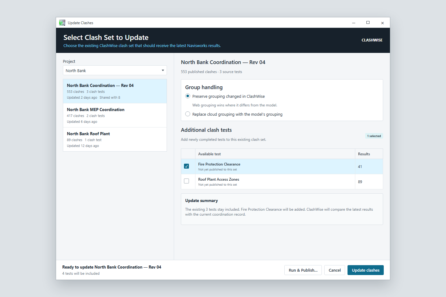 Illustrated Update Clashes window selecting an existing cloud clash set and revised results