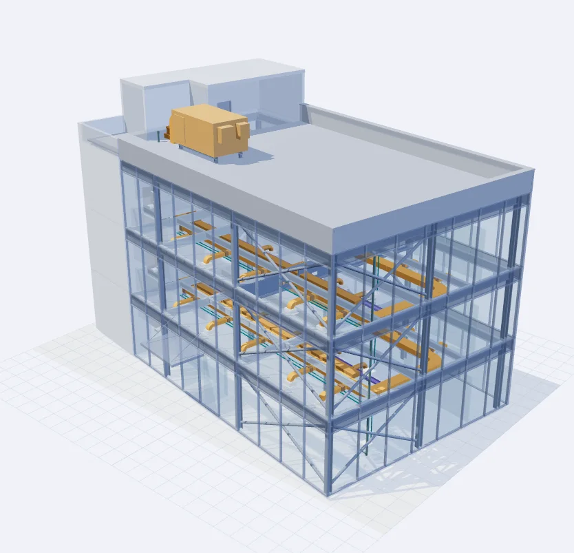 An architectural cutaway with coloured building services