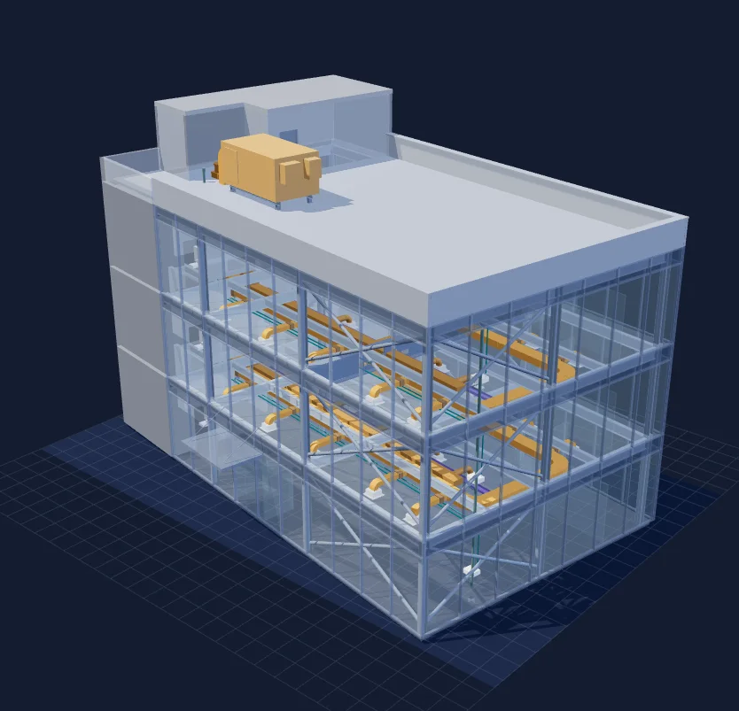 An architectural cutaway with coloured building services